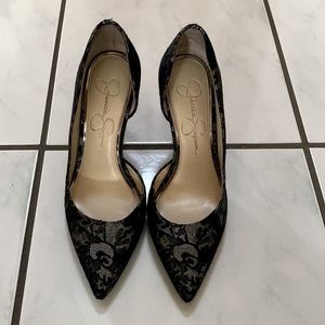 Jessica Simpson black and grey floral heels